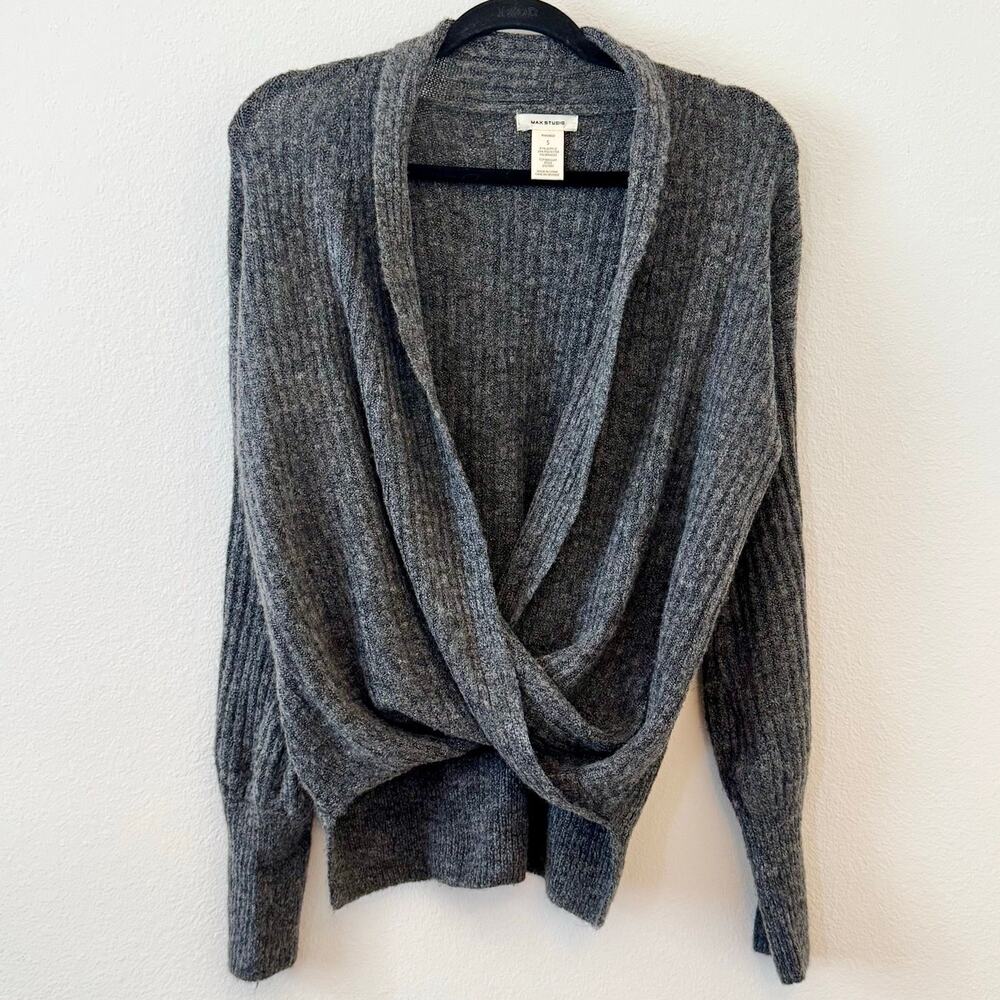 Max Studio Ribbed Drape‎ Front Faux Wrap Sweater – Gray – Small